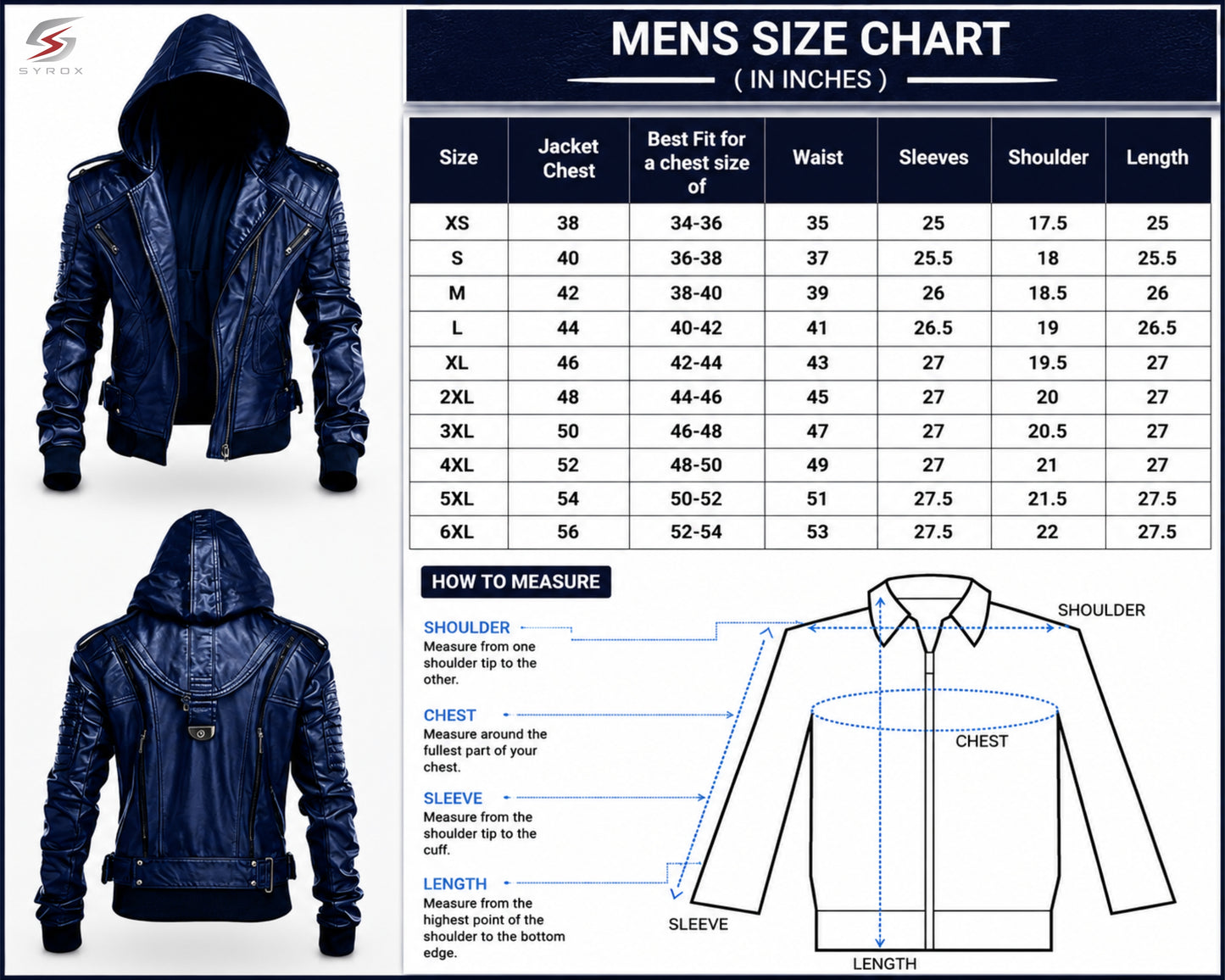 Size chart for men's dark blue hooded leather biker jacket with measurement guide