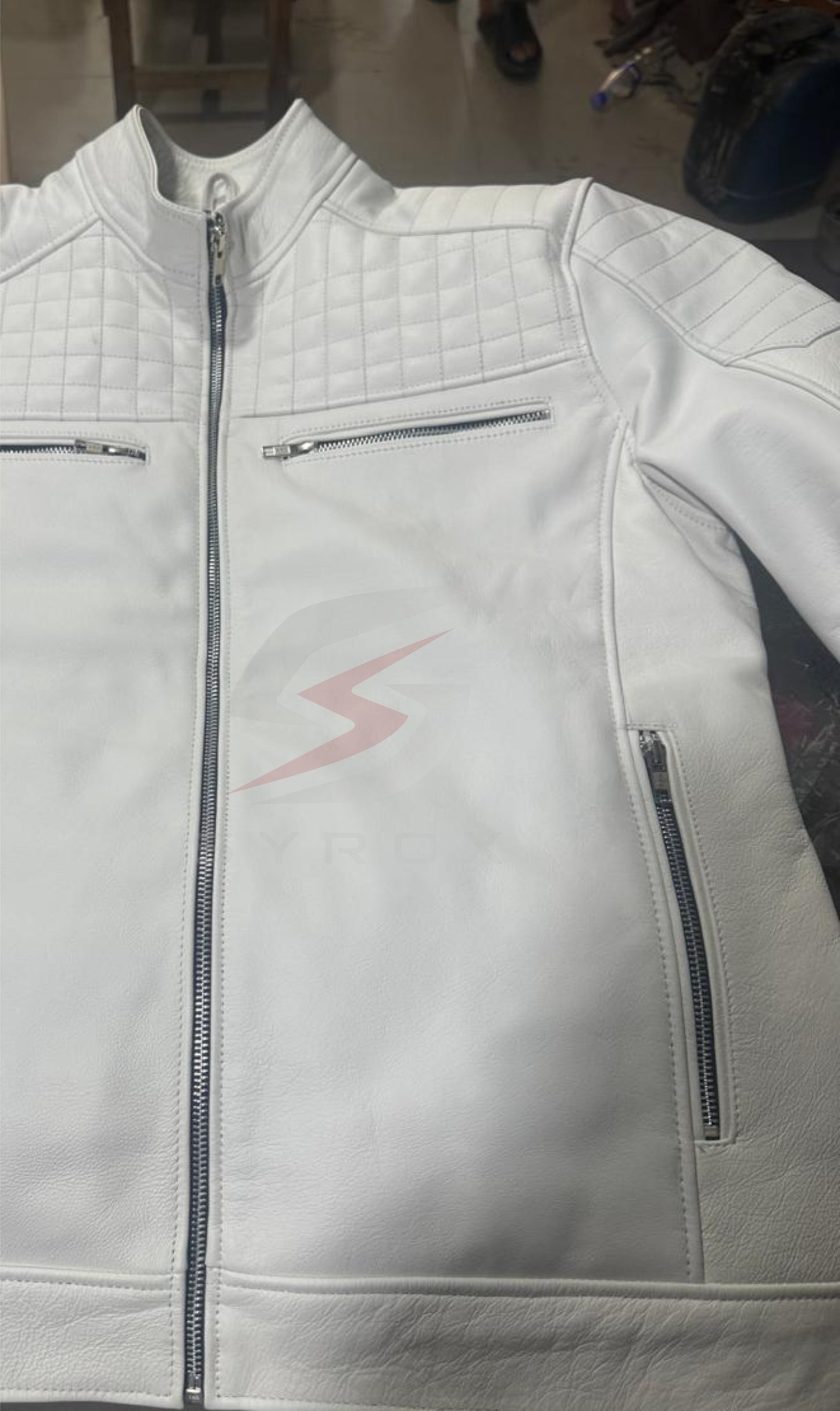 Custom White Leather Jacket for Men – Slim Fit Biker Style with Cross Design