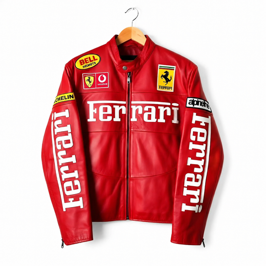 Ferrari Red Racing Leather Jacket | Men's Premium Motorcycle Biker Jacket | Vintage Motorsport Style