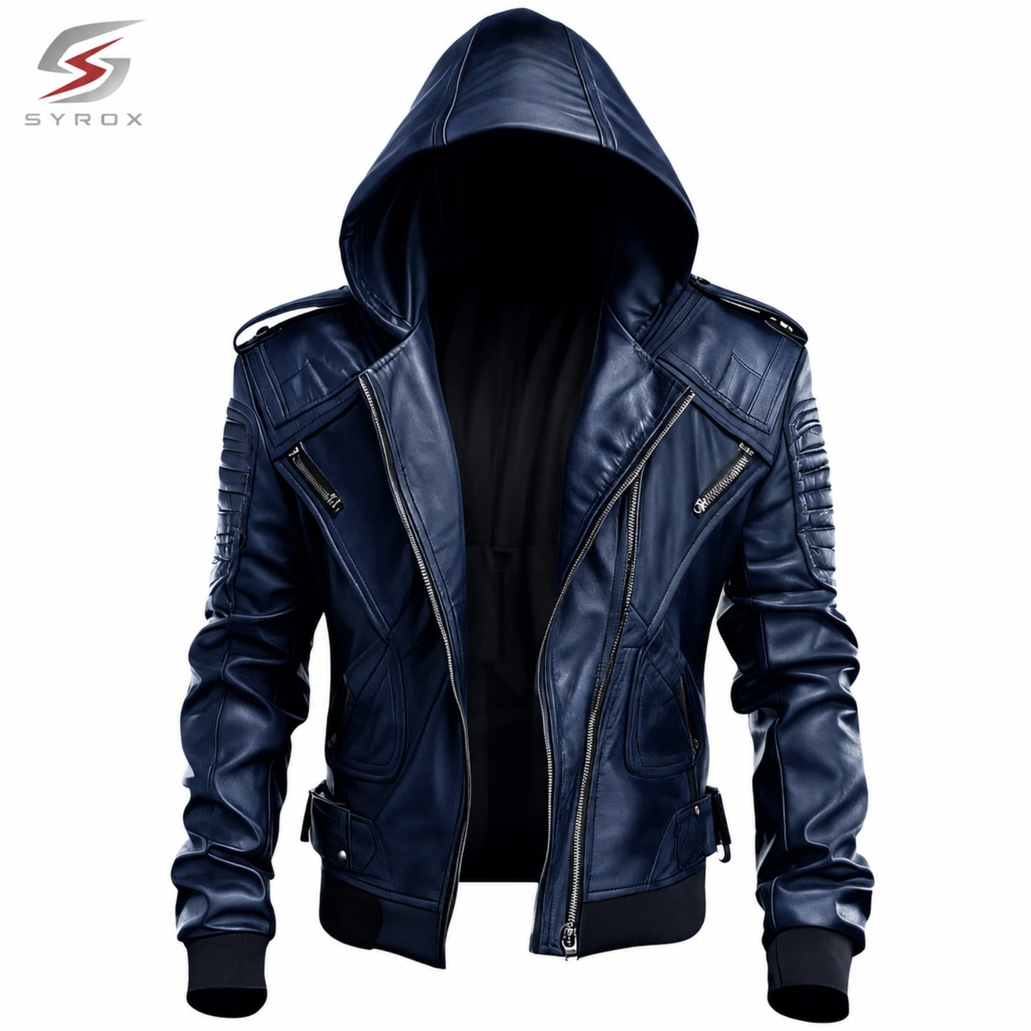Men's dark blue hooded cowhide leather biker jacket with asymmetrical zipper and oversized hood