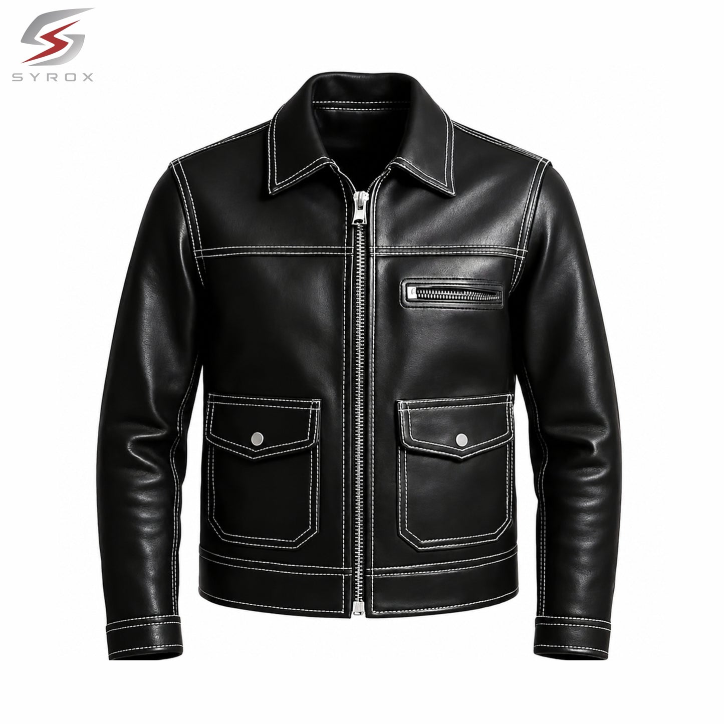 Custom Men's Black Leather Jacket – Handmade Vintage Trucker Motorcycle Jacket with Contrast White Stitching