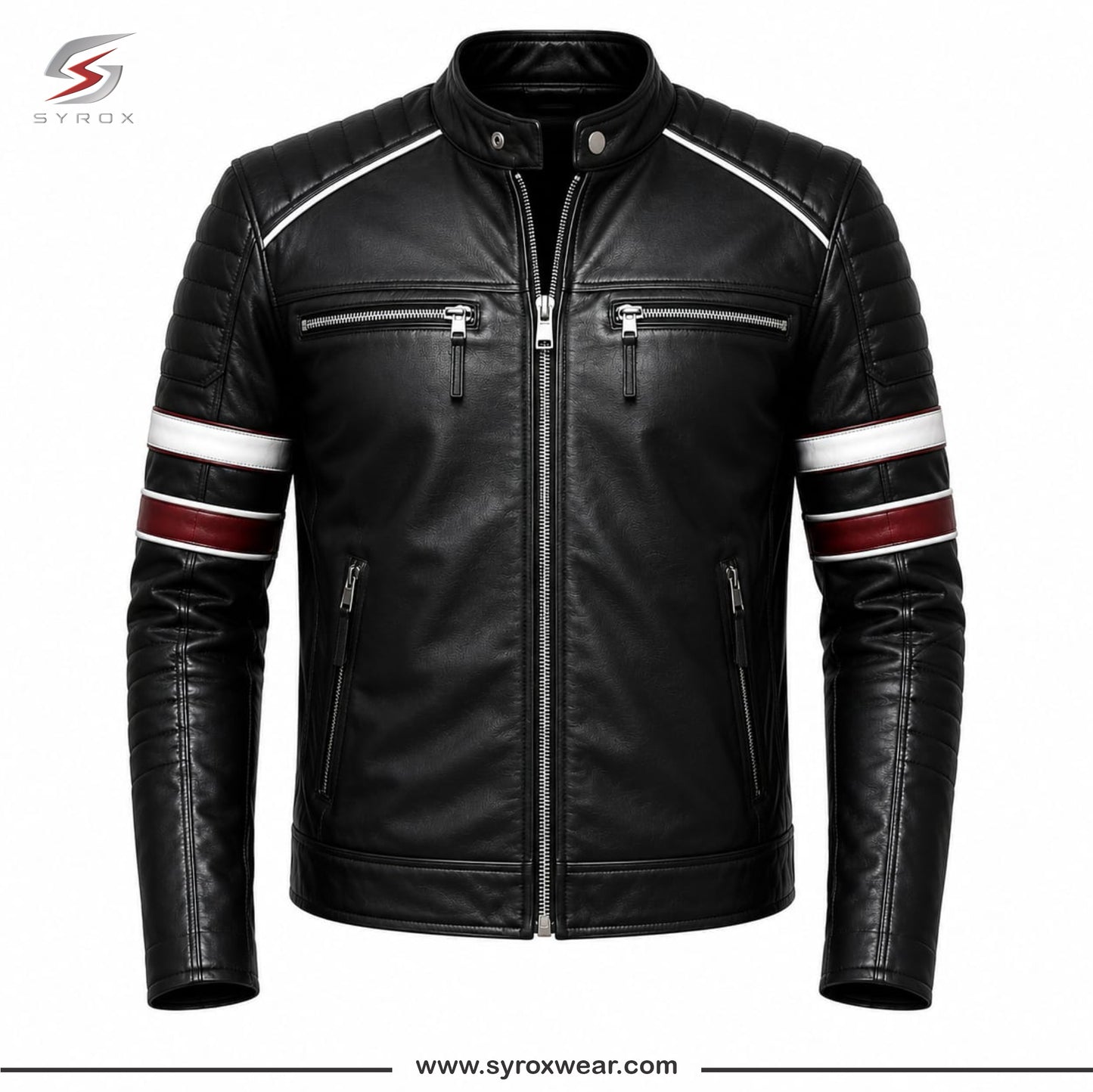 Men's Black Genuine Leather Cafe Racer Biker Jacket with Racing Stripes