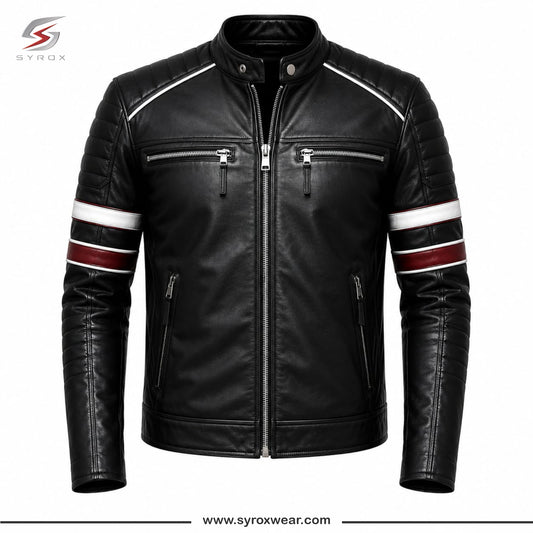 Men's Black Genuine Leather Cafe Racer Biker Jacket with Racing Stripes