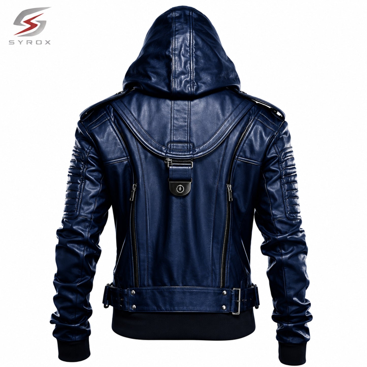 Back view of dark blue hooded leather motorcycle jacket with premium handcrafted detailing