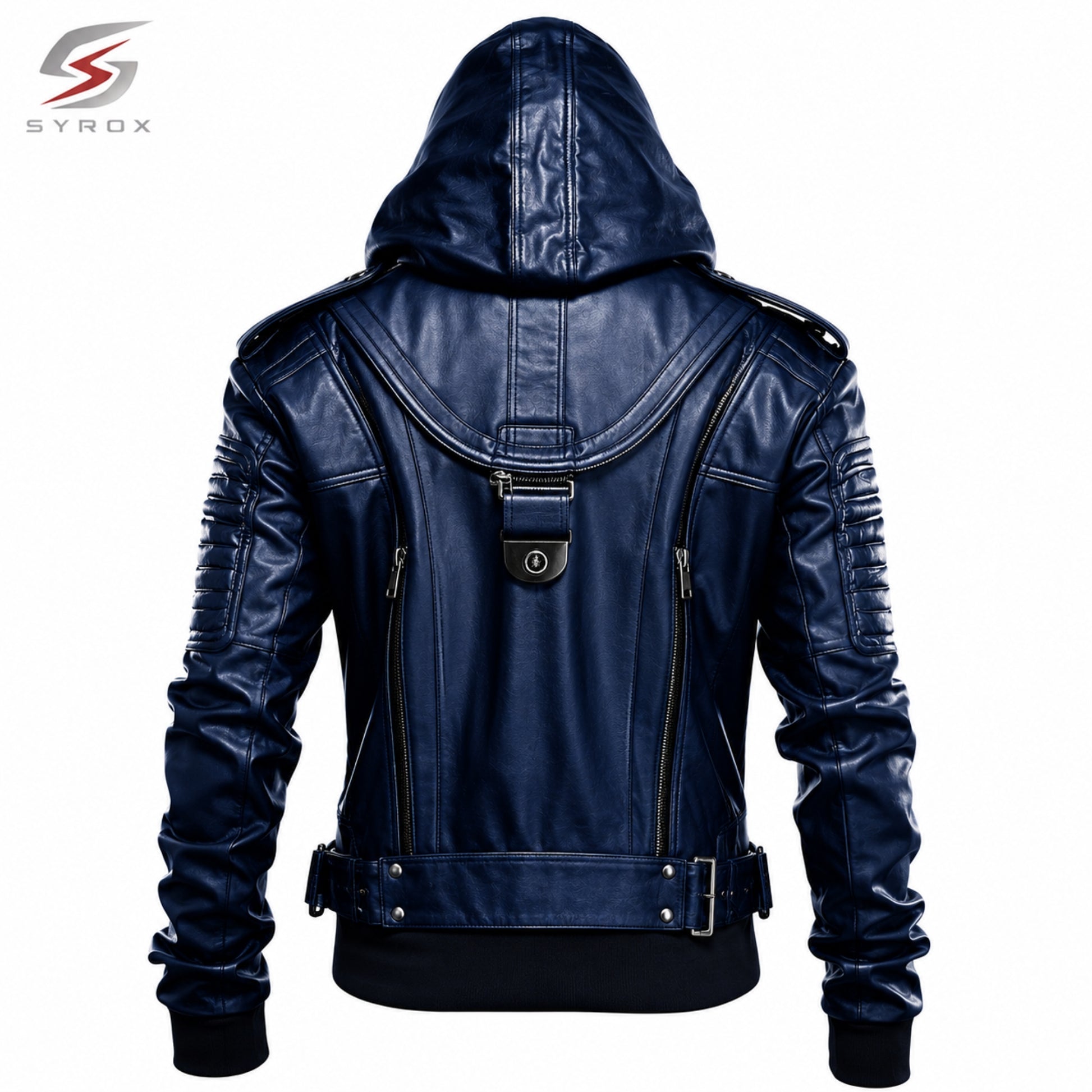 Back view of dark blue hooded leather motorcycle jacket with premium handcrafted detailing