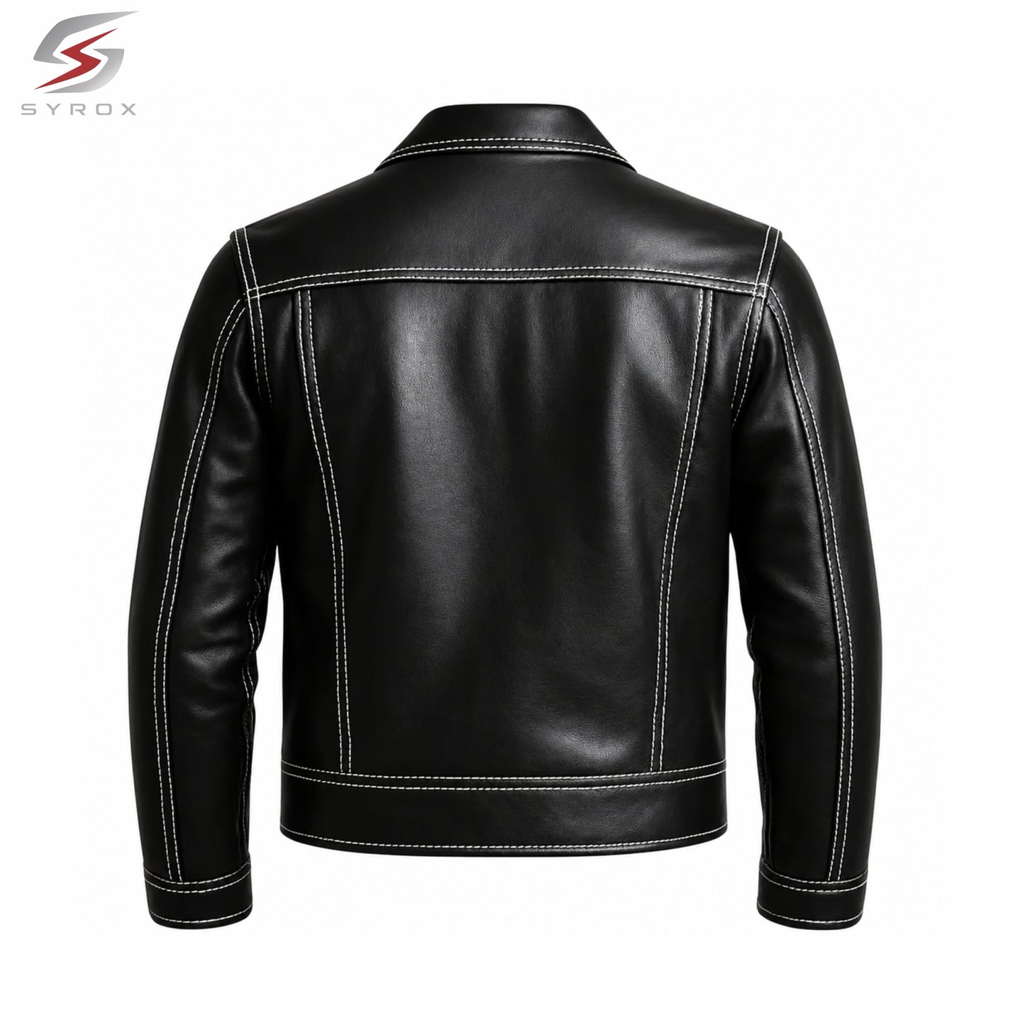 Custom Men's Black Leather Jacket – Handmade Vintage Trucker Motorcycle Jacket with Contrast White Stitching