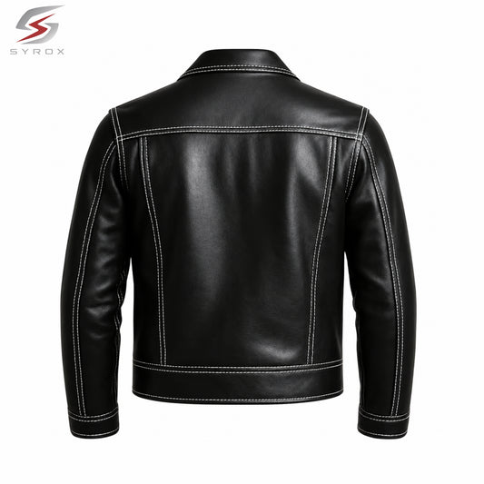 Custom Men's Black Leather Jacket – Handmade Vintage Trucker Motorcycle Jacket with Contrast White Stitching