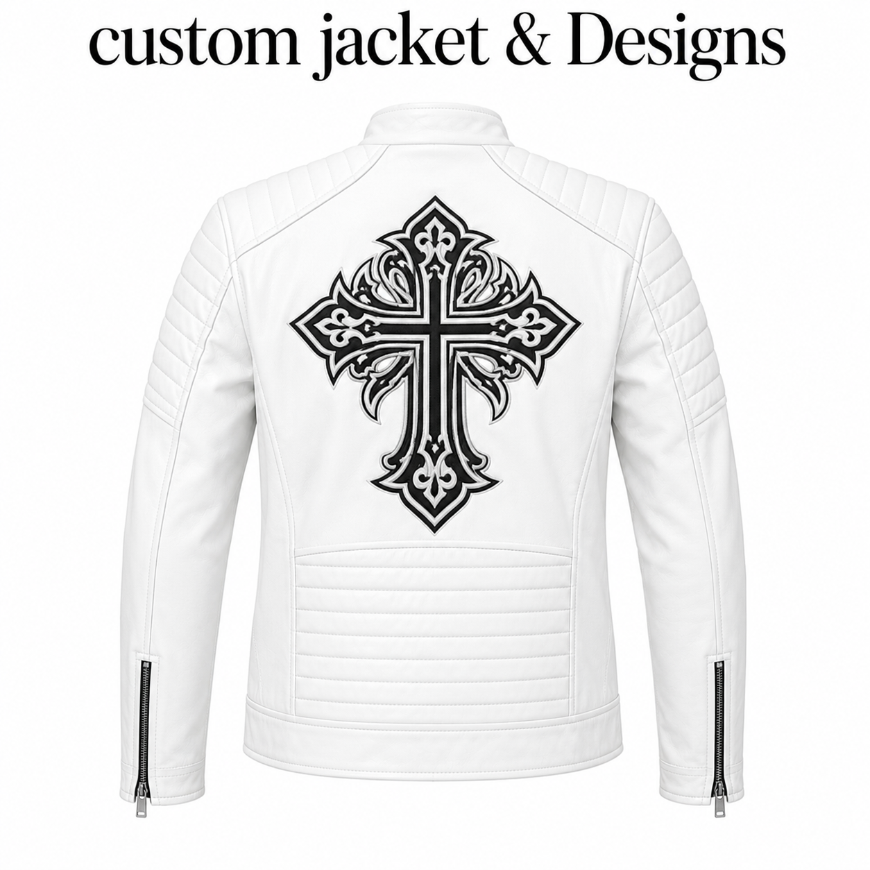 Custom White Leather Jacket for Men – Slim Fit Biker Style with Cross Design