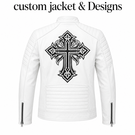 Custom White Leather Jacket for Men – Slim Fit Biker Style with Cross Design