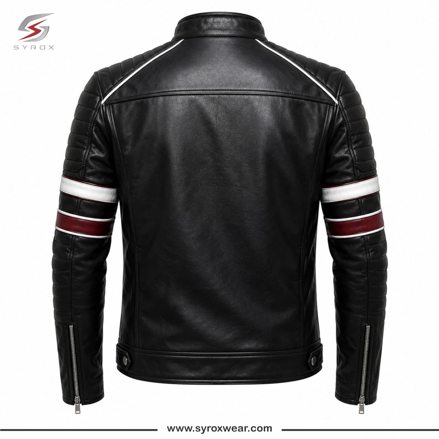 Men's Black Genuine Leather Cafe Racer Biker Jacket with Racing Stripes