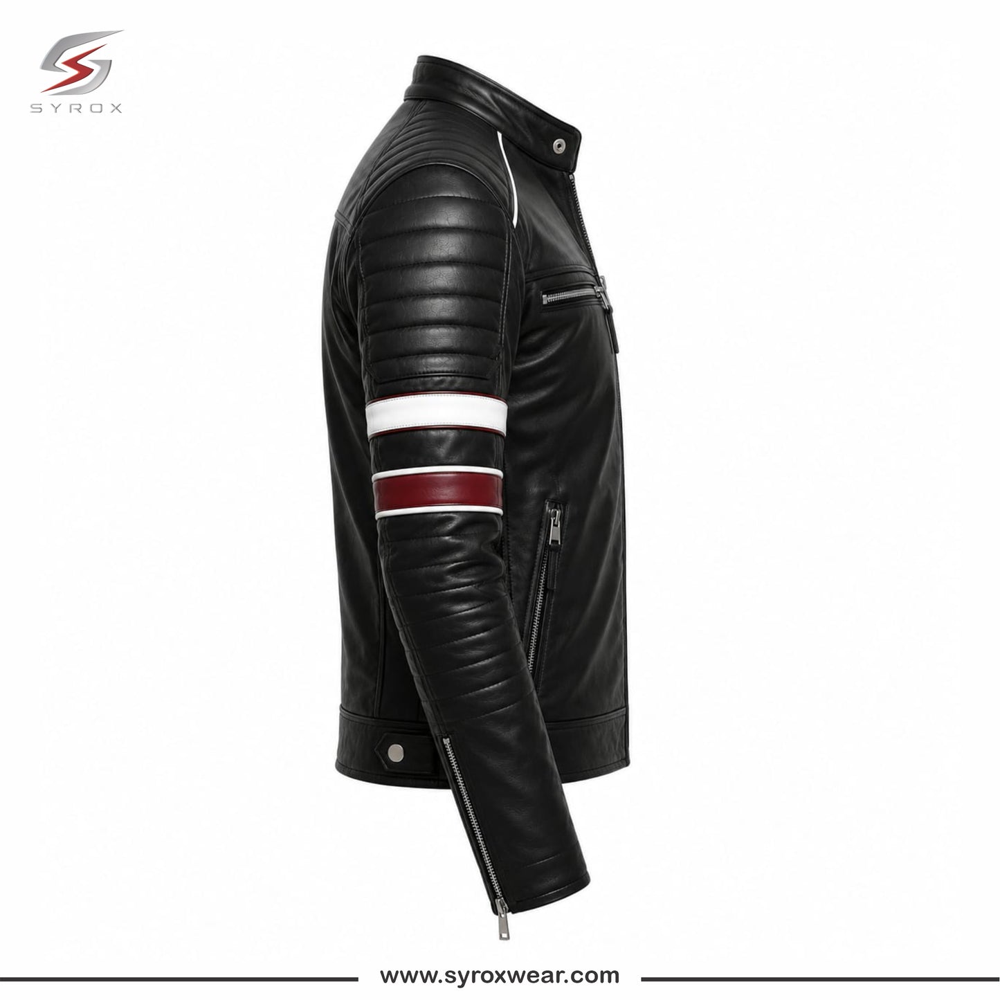 Men's Black Genuine Leather Cafe Racer Biker Jacket with Racing Stripes