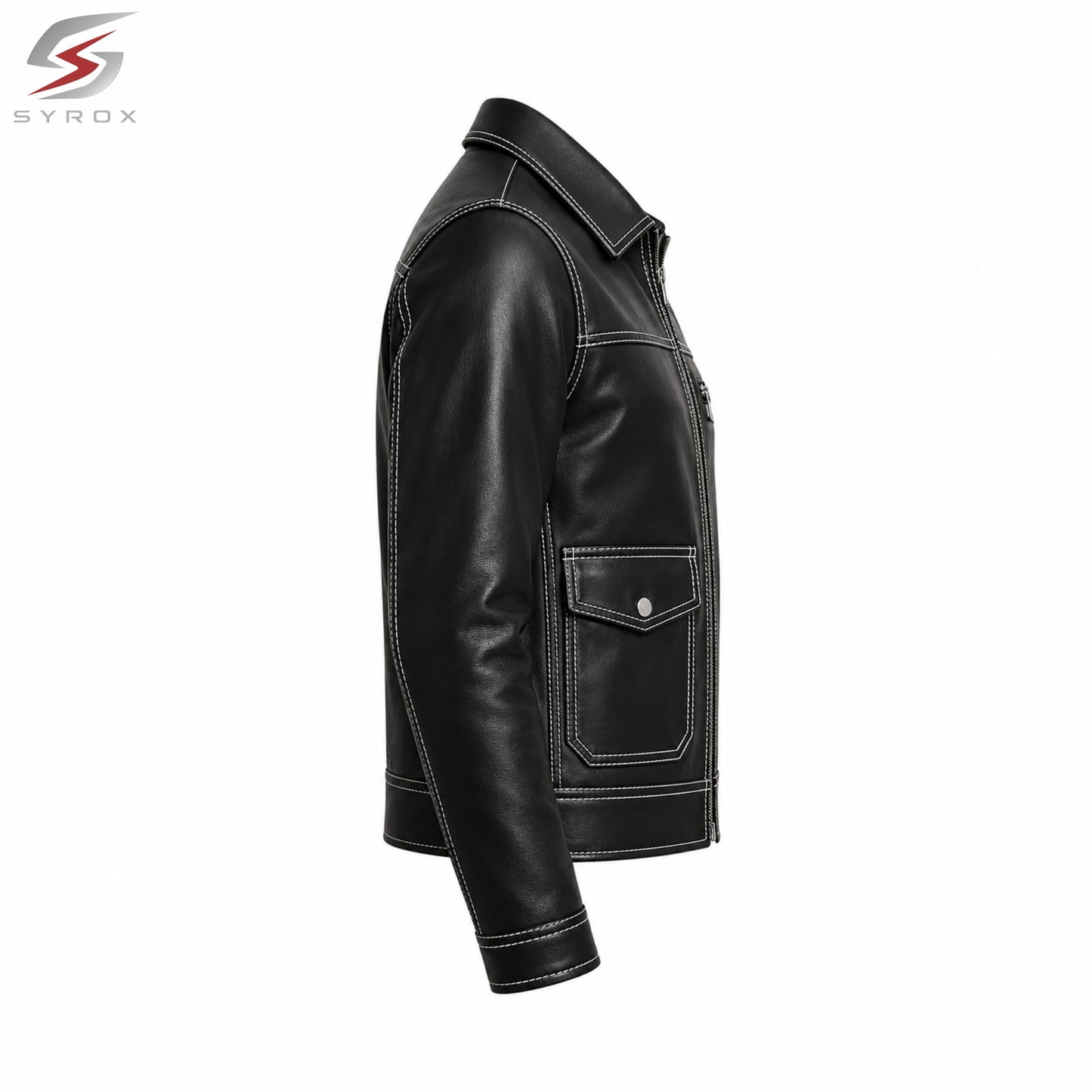 Custom Men's Black Leather Jacket – Handmade Vintage Trucker Motorcycle Jacket with Contrast White Stitching