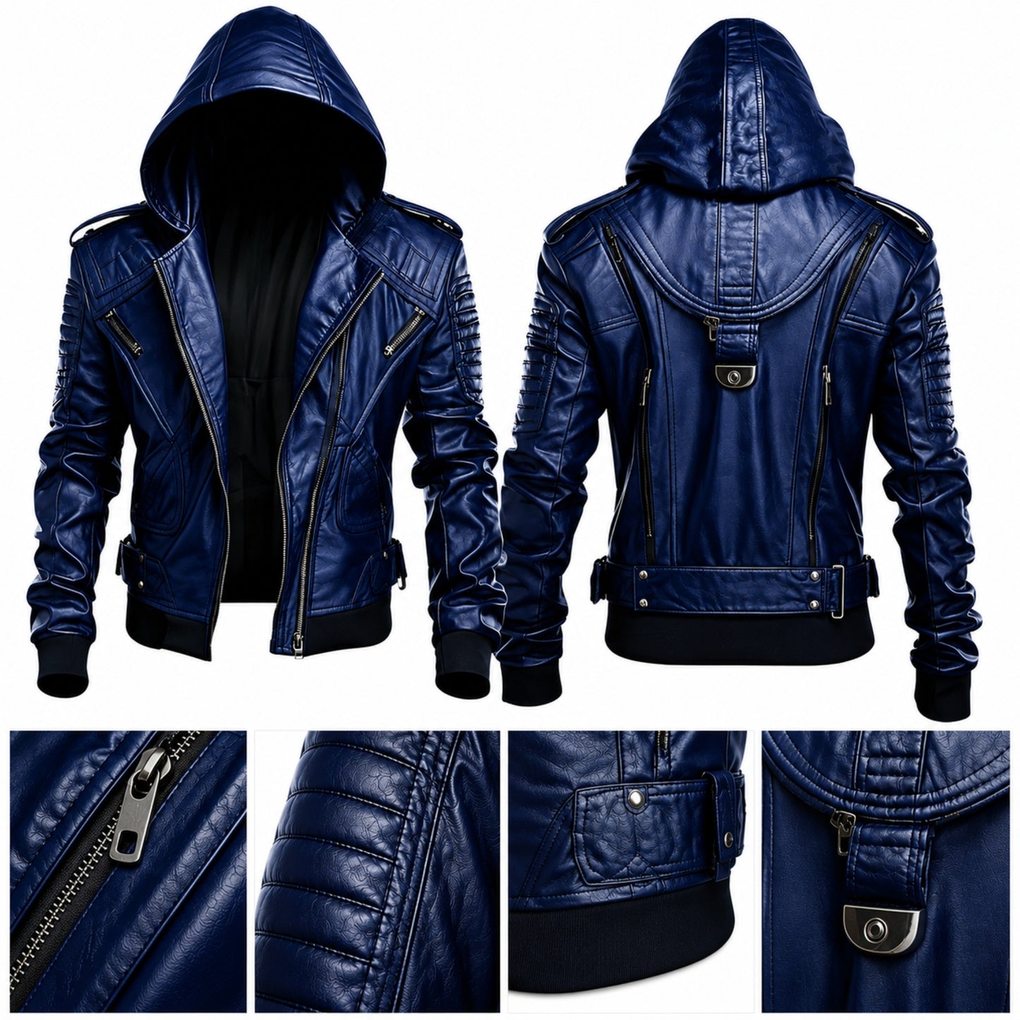 Premium metal zipper detail on dark blue cowhide leather biker jacket