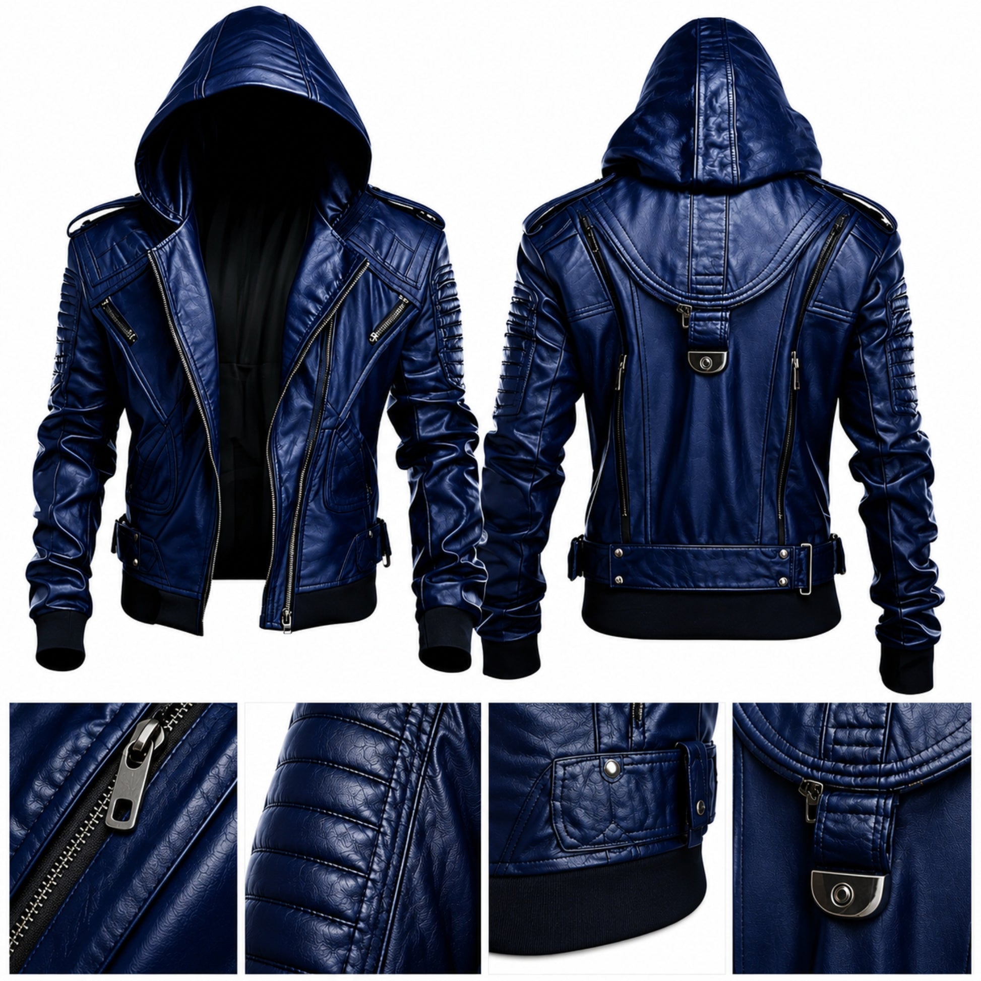 Premium metal zipper detail on dark blue cowhide leather biker jacket