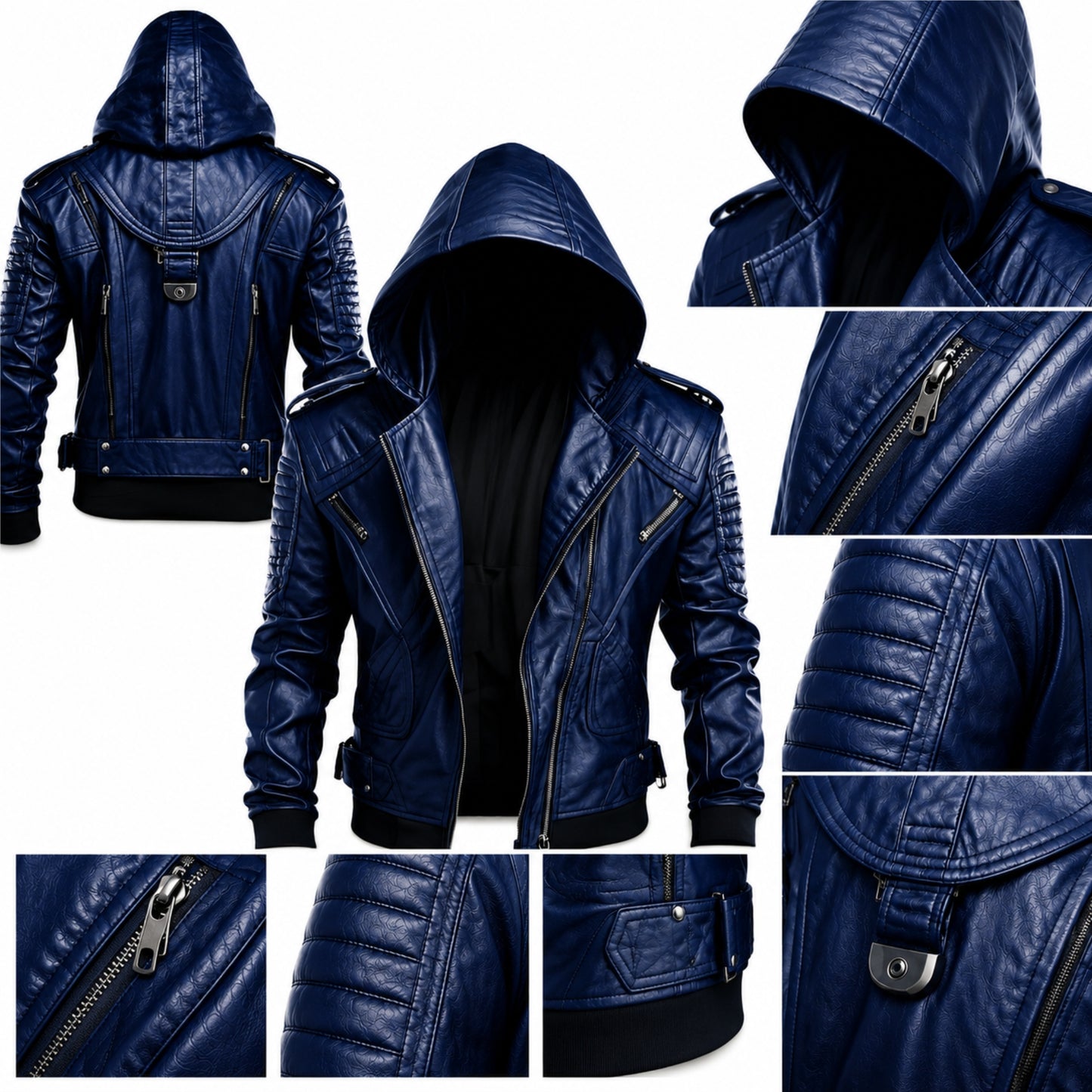 Quilted biker sleeve design on dark blue leather motorcycle jacket