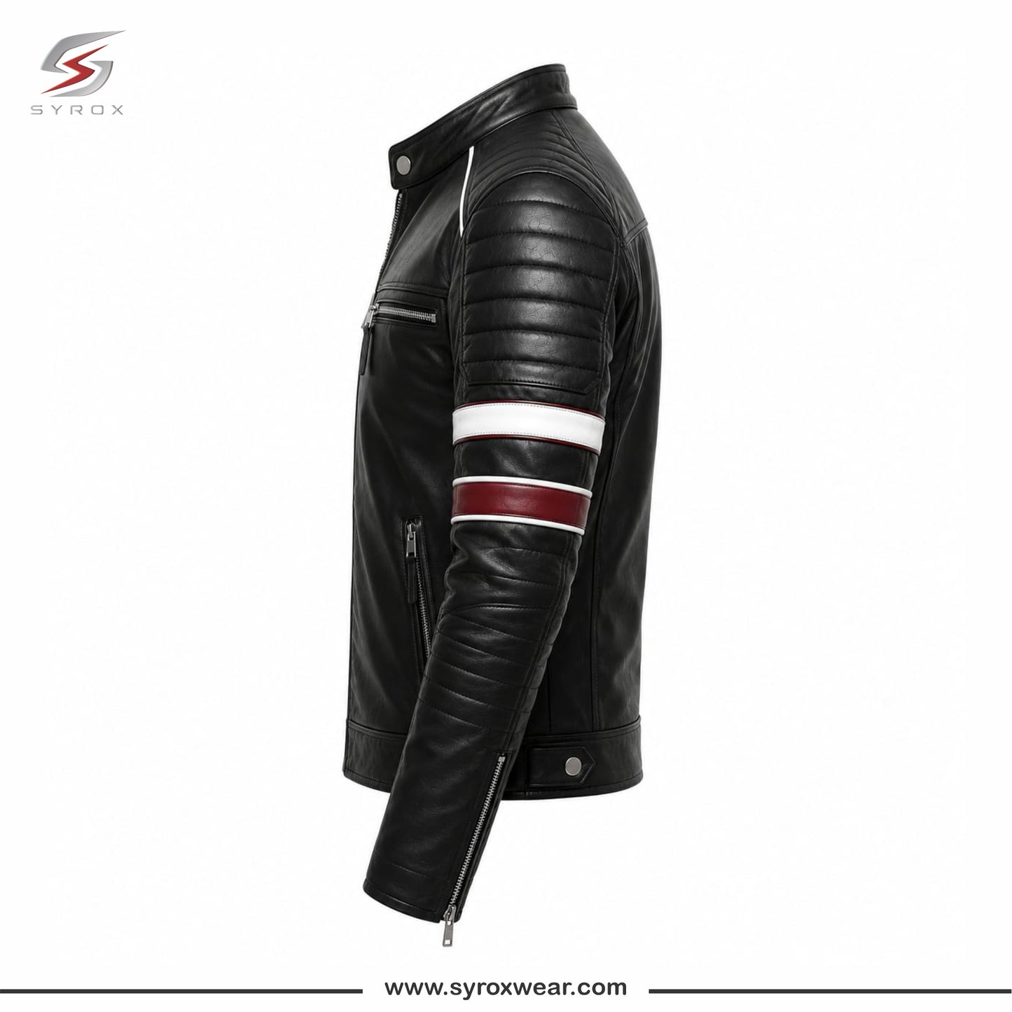 Men's Black Genuine Leather Cafe Racer Biker Jacket with Racing Stripes