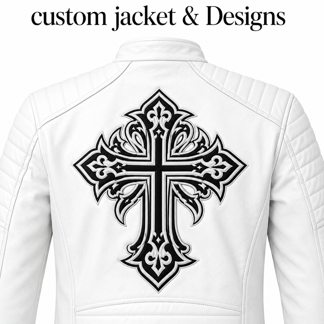 Custom White Leather Jacket for Men – Slim Fit Biker Style with Cross Design