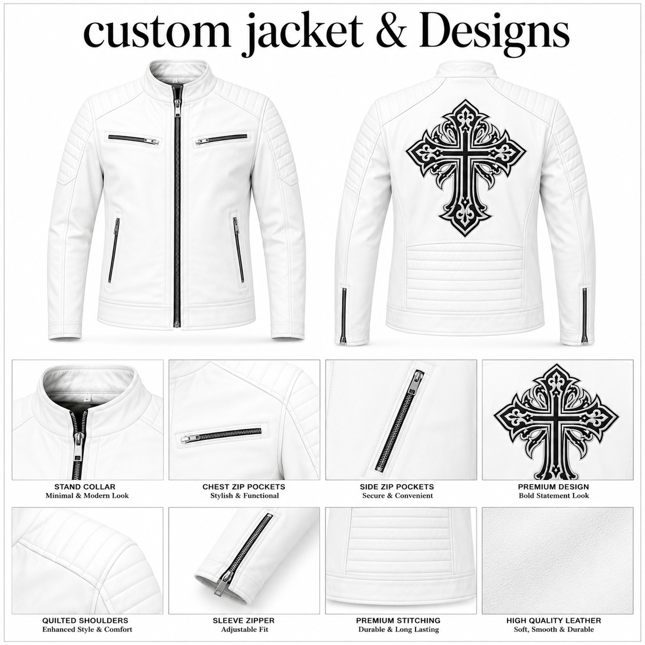 Custom White Leather Jacket for Men – Slim Fit Biker Style with Cross Design