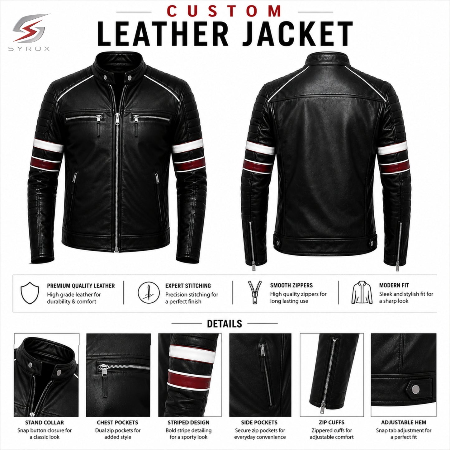 Men's Black Genuine Leather Cafe Racer Biker Jacket with Racing Stripes