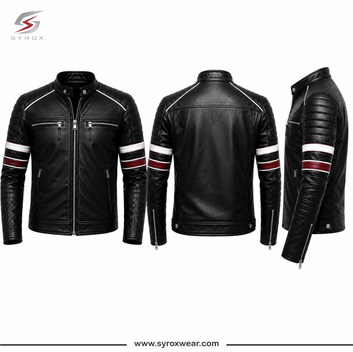 Men's Black Genuine Leather Cafe Racer Biker Jacket with Racing Stripes