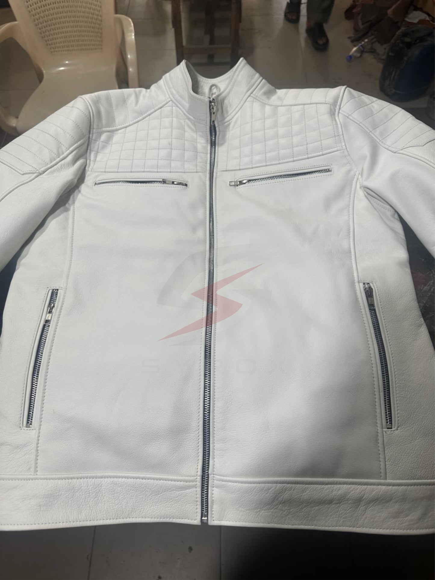 Custom White Leather Jacket for Men – Slim Fit Biker Style with Cross Design