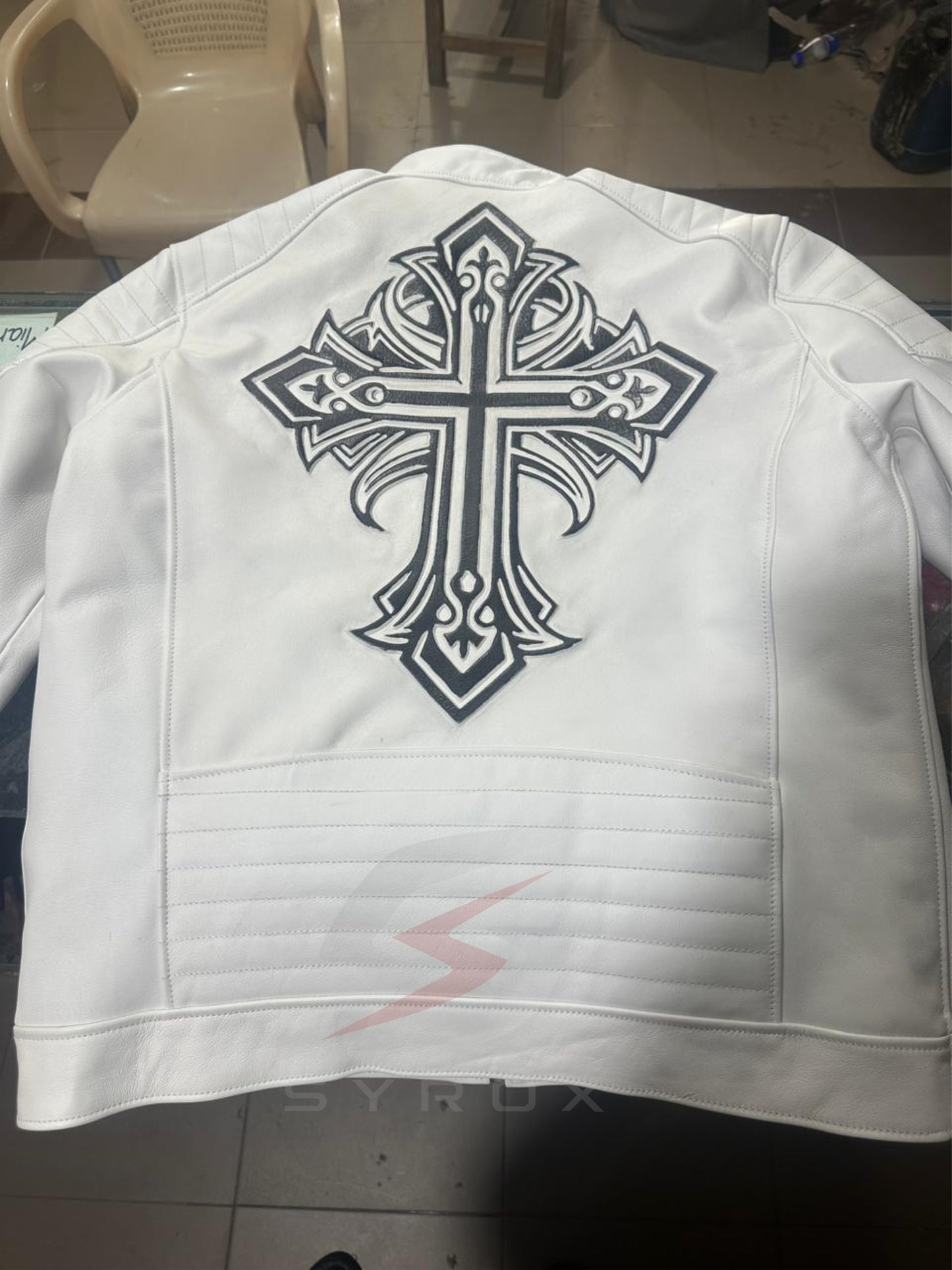Custom White Leather Jacket for Men – Slim Fit Biker Style with Cross Design