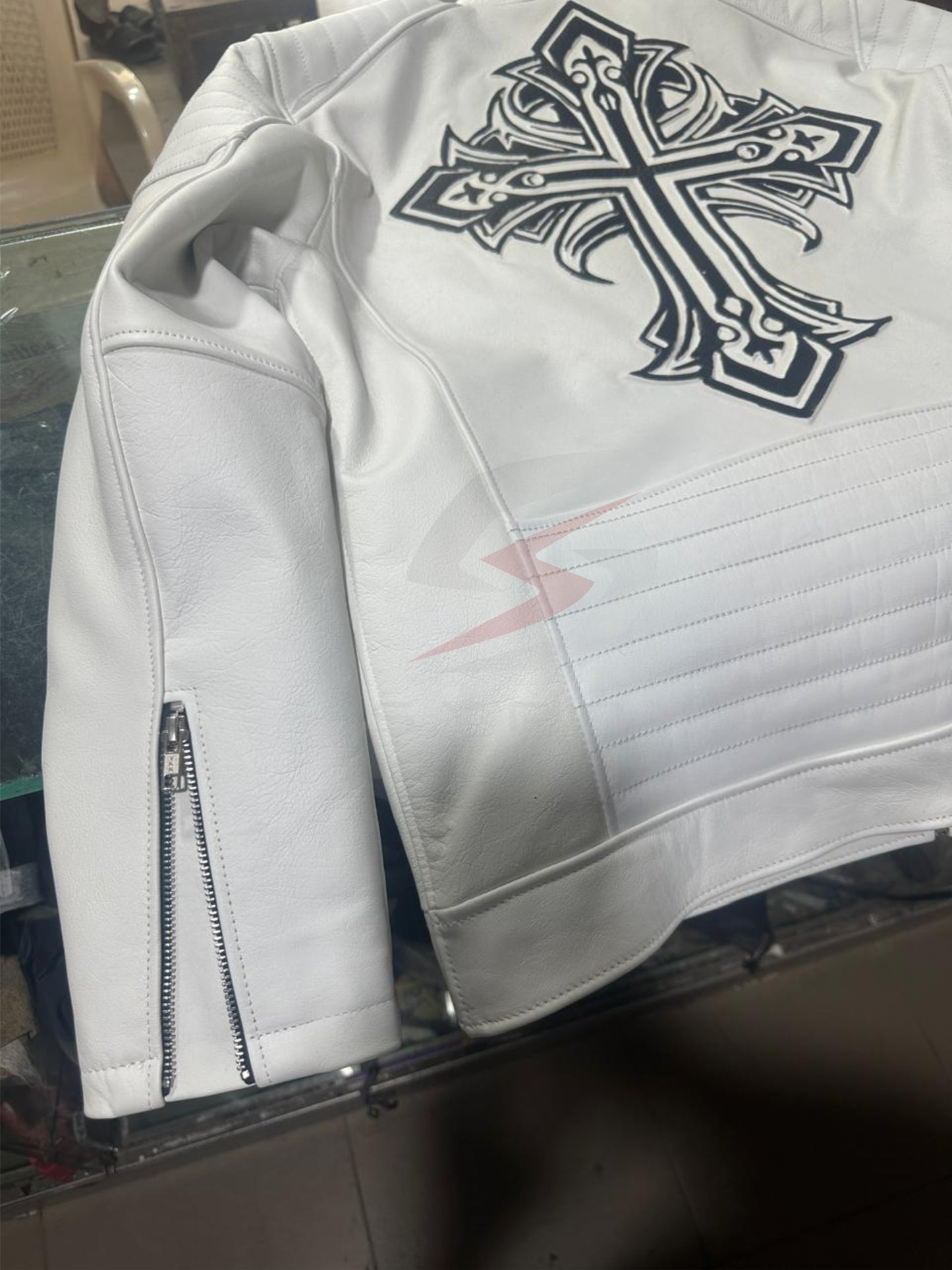 Custom White Leather Jacket for Men – Slim Fit Biker Style with Cross Design