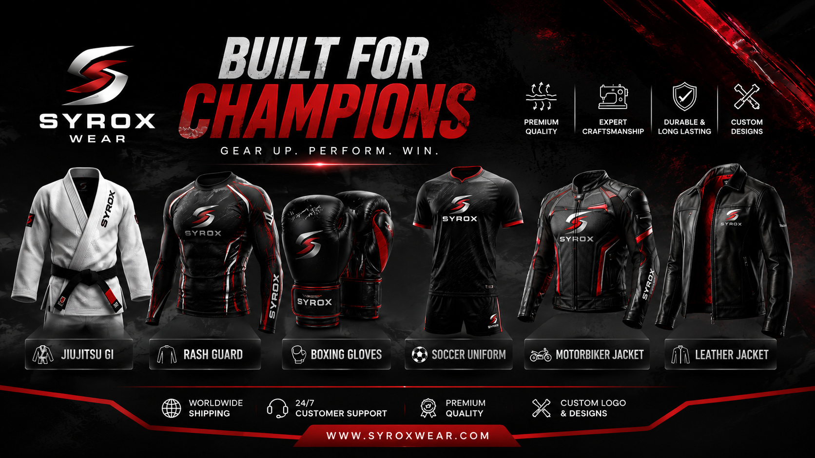 Syrox Wear product display with various athletic wear items on a dark background